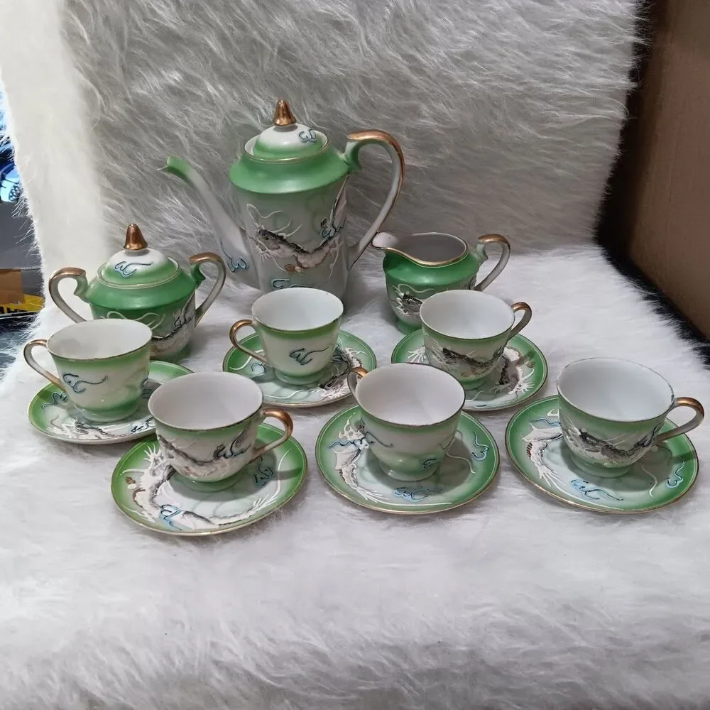 Vintage Hand Decorated Japan Green Moriage Dragon tea set